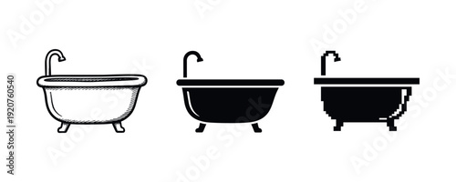 Set of bathtub icons: sketch, solid, pixel art styles