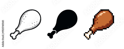 Illustrated chicken drumsticks: outline, silhouette, pixel art variations