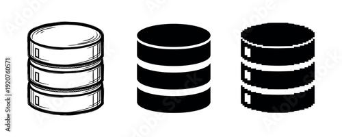 Three artistic styles of cylindrical icons: sketch, solid, and pixelated