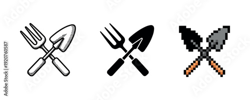 Set of garden tools: vintage, modern, and pixel art styles displayed