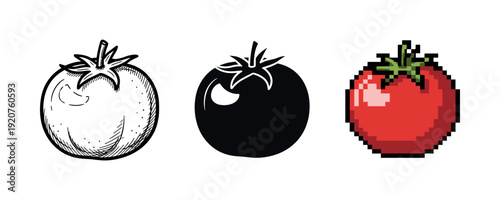 Black and white sketch, silhouette, and pixel art tomatoes