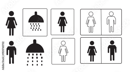 Restroom signage with gender symbols and shower icons