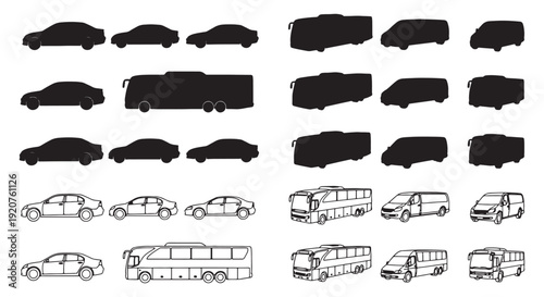 Car, Bus and Van Silhouettes and Line Art Set — Vehicle Icons, Transport Outlines and Clipart