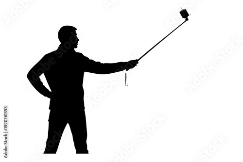Person Using Selfie Stick Silhouette Vector Back View for Travel Tourism and Social Media Content Creation Concept
