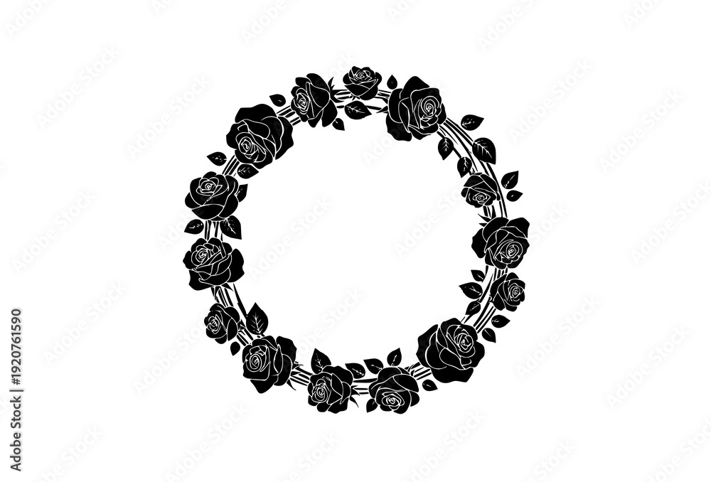 Fototapeta premium Rose silhouette wreath frame vector black floral round arrangement isolated on white