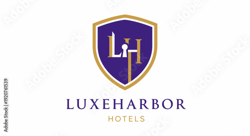 Luxeharbor Hotels luxury hotel logo design with shield emblem.