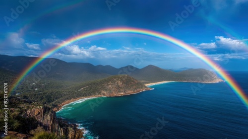 A rainbow spans across the sky above a coastal area with mountains and a beach. The sea reflects the colors of the rainbow while the daytime sun shines brightly.
