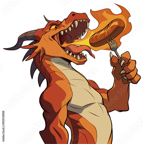 fantasy dragon character with fire flame cooking sausage food, humorous mythical creature illustration with barbecue grill heat and colorful adventure design.