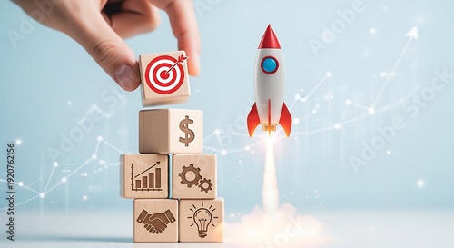 Hand placing target icon on wooden blocks with business symbols and a rocket launching.