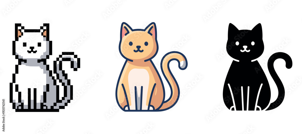 Obraz premium Pixelated, cartoon, and silhouette cats sitting side by side