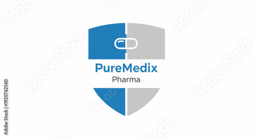Pharmaceutical company logo with shield and pill symbol.