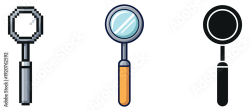 Three magnifying glasses: pixelated, cartoon, silhouette styles