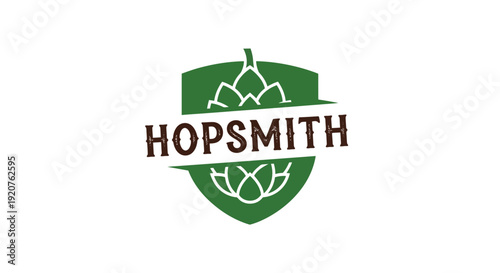 Hopsmith logo design with hop cones and shield emblem.