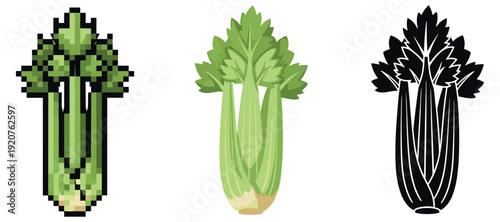 Stylized celery variations: pixelated, cartoon, and silhouette versions