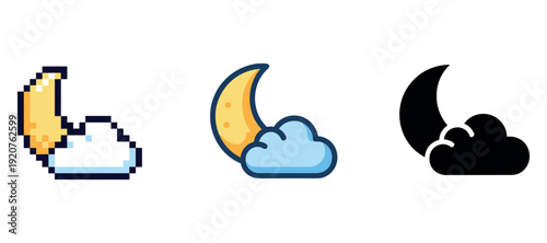 Pixel, cartoon, and silhouette moon and cloud icons on white background