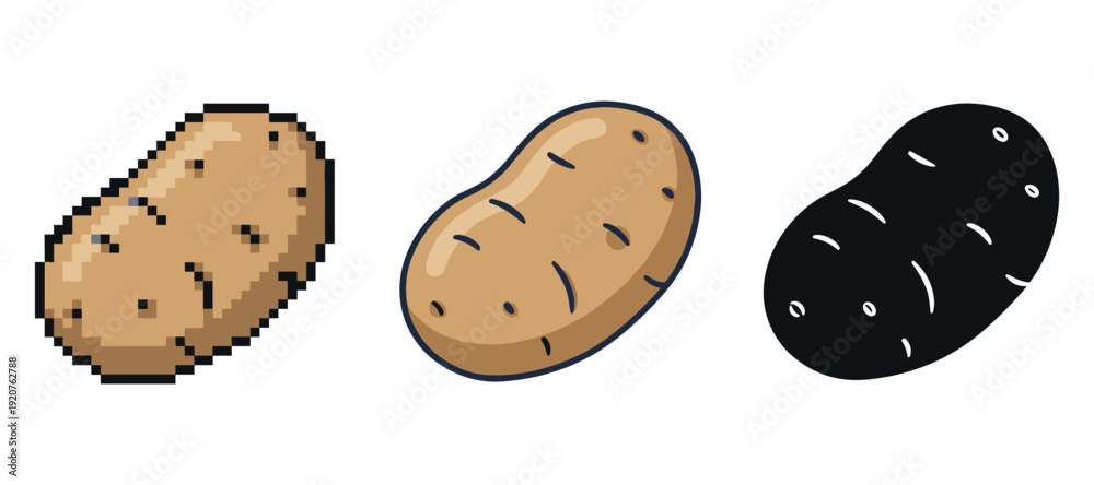 Fototapeta premium Pixel, cartoon, and silhouette potato variations on white background