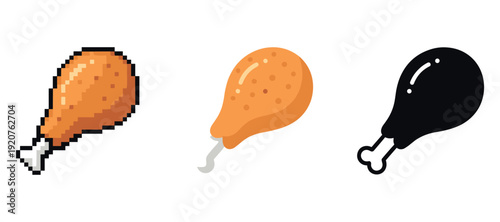 Pixelated, cartoon, and silhouette chicken drumsticks on white background