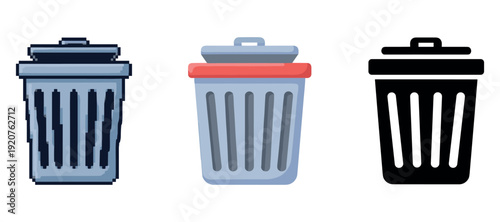Three trash can icons: pixel art, colorful flat, and black silhouette designs