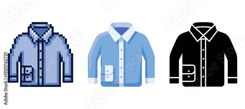 Pixel, flat, and silhouette icon set of collared shirts