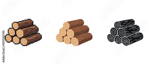 Pixelated, flat, and silhouette log pile variations on white background