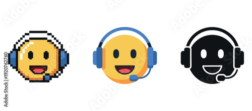 Smiling emoji avatars with headsets in pixelated, colorful, and solid styles