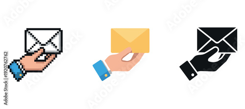 Set of three icons: pixelated hand, colored hand, silhouette hand holding envelopes
