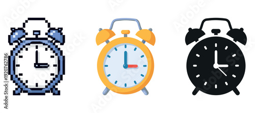Pixel, cartoon, and silhouette alarm clocks on white background
