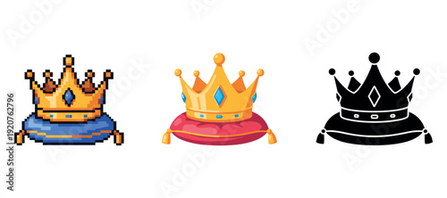 Pixelated, cartoon, and silhouette crowns on decorative cushions