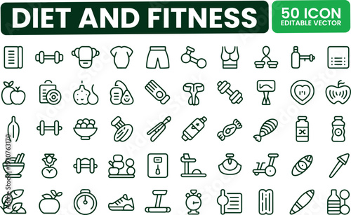 Diet and Fitness Icons Set - 50 Health Exercise Food Vector Line Art Icons for Web Design UI Gym Nutrition Wellness
