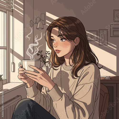Young woman relaxing with a cup of coffee by the window.