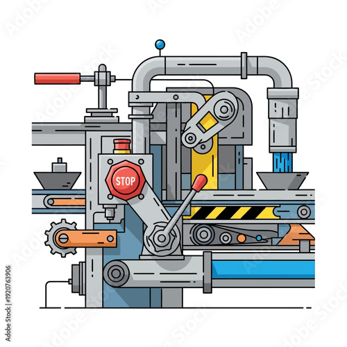 Industrial machinery with safety stop button and mechanical components.