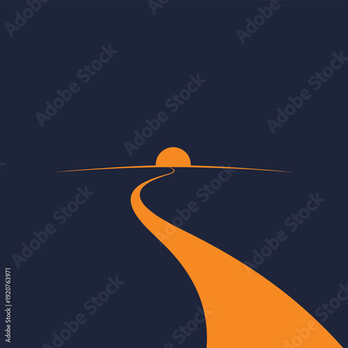 A minimalist illustration of a winding road leading to a vibrant sunset