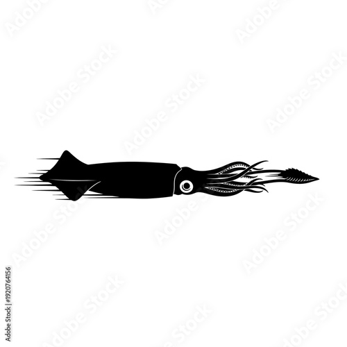 Black and white illustration of a squid swimming quickly with motion lines.