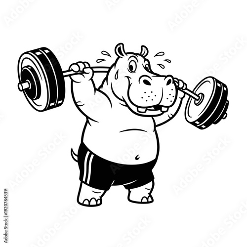 Cartoon Hippo Lifting Heavy Weights in Gym.