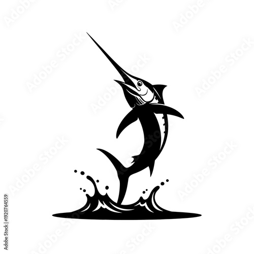 Jumping swordfish silhouette with water splash, isolated on white background.