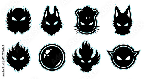 Collection of eight distinct black silhouette icons featuring stylized animalistic and abstract designs.