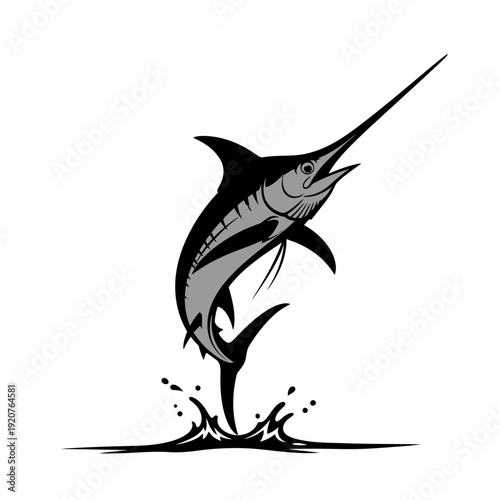 Jumping marlin fish illustration, black and white design on white background.