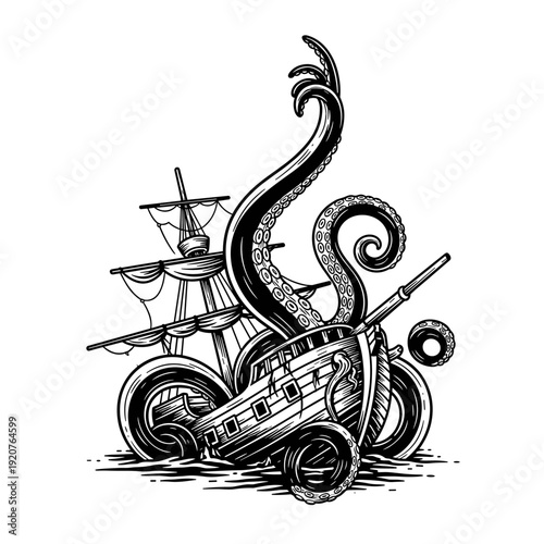 Kraken Attacks Old Sailing Ship in Dramatic Nautical Scene.
