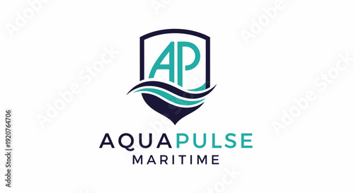 Blue Green Shield with AP Initials and Wave Logo for Aquapulse Maritime, Isolated White Background