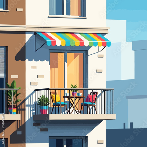 Colorful balcony with striped awning on modern apartment building.