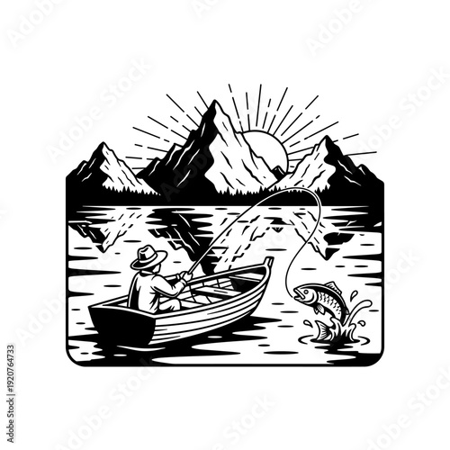 Fisherman in a boat catching a fish.