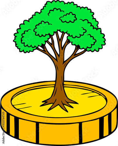 Thriving Tree on Golden Coin Business Vector Illustration Symbolizing sustainable financial growth, investment, and wealth generation for prosperous enterprises and eco-friendly ventures
