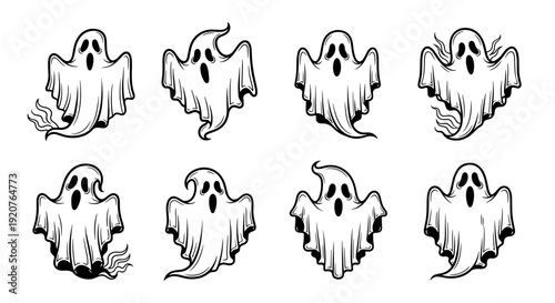 Collection of Eight Spooky Ghost Illustrations for Halloween.