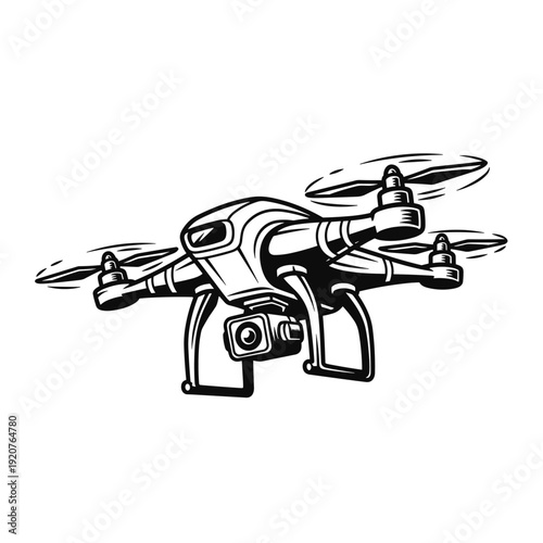 Modern Drone with Camera Flying High in the Sky.