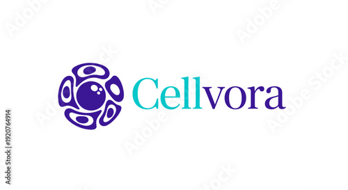Abstract blue and purple circular cell or molecule logo for Cellvora, representing biological science, isolated white background.