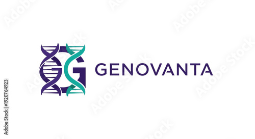 Green and blue DNA helix combined with letter 'G' logo for Genovanta, representing genetics and biotech, isolated white background.