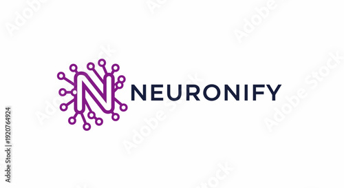 Purple neural network inspired letter 'N' logo for Neuronify, representing AI and connectivity, isolated white background.