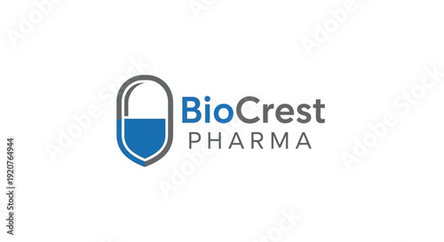 Blue and grey shield-shaped capsule or pill logo for BioCrest Pharma, representing medical solutions, isolated white background.