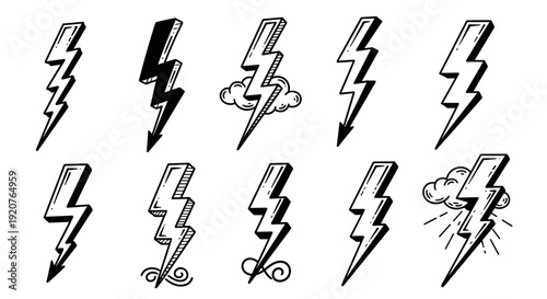 Collection of Hand Drawn Lightning Bolt Icons.
