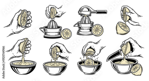 Collection of Hands Squeezing Lemons for Juice Extraction.